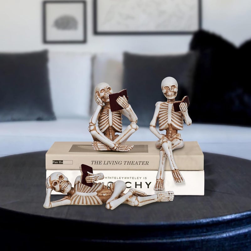 Dlfghos 3 Pieces Halloween Skeleton Statue Halloween Skull Figurine Home Decor Reading Skeleton Figurines Decorations for Indoor Fireplace Home Kitchen Desk Office Party - Image 3
